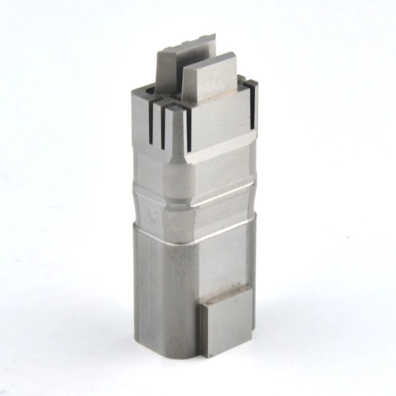 Custom precision machined metal component with stepped surfaces, vertical slots and complex upper features